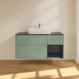 Тумба під раковину Villeroy & Boch Finion 120х50,1 см із підсвічуванням МДФ оливковий матовий лак/скло чорне матове F422HGGM