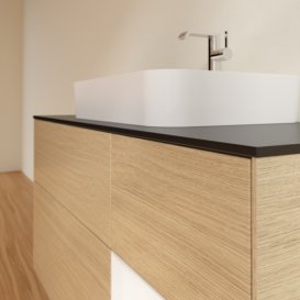 Тумба під раковину Villeroy & Boch Finion 120х50,1 см із підсвічуванням МДФ шпон дуба/скло чорне матове F422MTPC