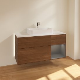 Тумба под раковину Villeroy & Boch Finion 120х50,1 см с подсветкой МДФ шпон грецкого ореха/стекло белое матовое G421GKGN