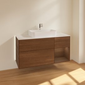 Тумба під раковину Villeroy & Boch Finion 120х50,1 см із підсвічуванням МДФ шпон волоського горіха/скло біле матове G421GNGN