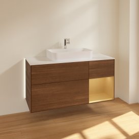 Тумба под раковину Villeroy & Boch Finion 120х50,1 см с подсветкой МДФ шпон грецкого ореха/стекло белое матовое G421HFGN