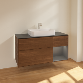 Тумба під раковину Villeroy & Boch Finion 120х50,1 см із підсвічуванням МДФ шпон волоського горіха/скло чорне матове G422GKGN