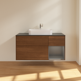 Тумба під раковину Villeroy & Boch Finion 120х50,1 см із підсвічуванням МДФ шпон волоського горіха/скло чорне матове G422GKGN