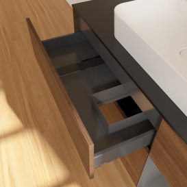 Тумба під раковину Villeroy & Boch Finion 120х50,1 см із підсвічуванням МДФ шпон волоського горіха/скло чорне матове G422GKGN