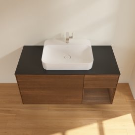 Тумба під раковину Villeroy & Boch Finion 120х50,1 см із підсвічуванням МДФ шпон волоського горіха/скло чорне матове G422GNGN