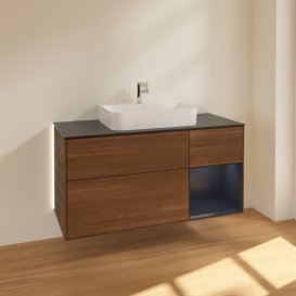 Тумба під раковину Villeroy & Boch Finion 120х50,1 см із підсвічуванням МДФ шпон волоського горіха/скло чорне матове G422HGGN