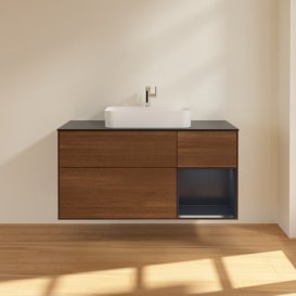 Тумба під раковину Villeroy & Boch Finion 120х50,1 см із підсвічуванням МДФ шпон волоського горіха/скло чорне матове G422HGGN