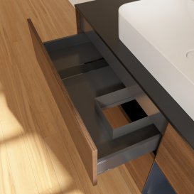 Тумба під раковину Villeroy & Boch Finion 120х50,1 см із підсвічуванням МДФ шпон волоського горіха/скло чорне матове G422HGGN