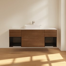Тумба під раковину Villeroy & Boch Finion 160х50,1 см із підсвічуванням МДФ шпон волоського горіха/скло біле матове F451PDGN