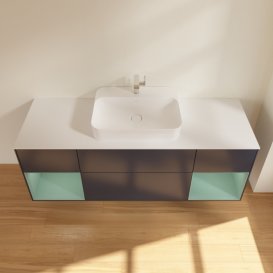 Тумба під раковину Villeroy & Boch Finion 160х50,1 см із підсвічуванням МДФ темно-синій матовий лак/скло біле матове F451GMHG