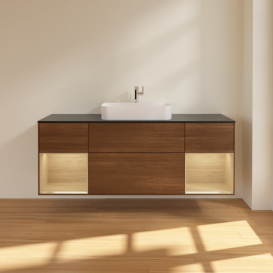 Тумба под раковину Villeroy & Boch Finion 160х50,1 см с подсветкой МДФ шпон грецкого ореха/стекло черное матовое F452PCGN