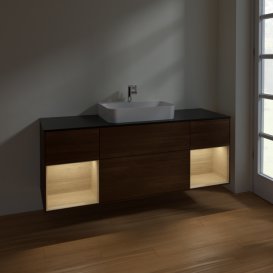 Тумба под раковину Villeroy & Boch Finion 160х50,1 см с подсветкой МДФ шпон грецкого ореха/стекло черное матовое F452PCGN