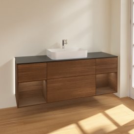 Тумба під раковину Villeroy & Boch Finion 160х50,1 см із підсвічуванням МДФ шпон волоського горіха/скло чорне матове G452GNGN