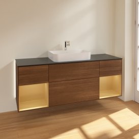 Тумба під раковину Villeroy & Boch Finion 160х50,1 см із підсвічуванням МДФ шпон волоського горіха/скло чорне матове G452HFGN