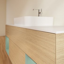 Тумба під раковину Villeroy & Boch Finion 160х50,1 см з підсвічуванням МДФ шпон дуба/скло біле матове G451GMPC