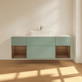 Тумба під раковину Villeroy & Boch Finion 160х50,1 см із підсвічуванням МДФ оливковий матовий лак/скло біле матове G451GNGM