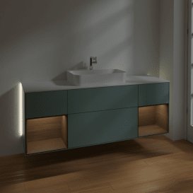 Тумба під раковину Villeroy & Boch Finion 160х50,1 см із підсвічуванням МДФ оливковий матовий лак/скло біле матове G451GNGM