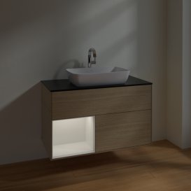 Тумба під раковину Villeroy & Boch Finion 100х50,1 см з підсвічуванням МДФ шпон дуба/скло чорне матове F772GFPC