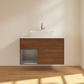 Тумба под раковину Villeroy & Boch Finion 100х50,1 см с подсветкой МДФ шпон грецкого ореха/стекло белое матовое G771GKGN