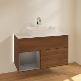 Тумба под раковину Villeroy & Boch Finion 100х50,1 см с подсветкой МДФ шпон грецкого ореха/стекло белое матовое G771GKGN