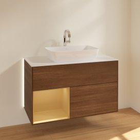 Тумба под раковину Villeroy & Boch Finion 100х50,1 см с подсветкой МДФ шпон грецкого ореха/стекло белое матовое G771HFGN