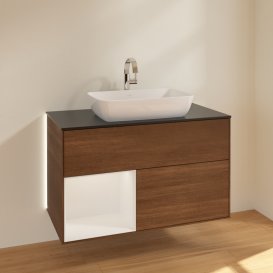 Тумба під раковину Villeroy & Boch Finion 100х50,1 см із підсвічуванням МДФ шпон волоського горіха/скло чорне матове G772GFGN