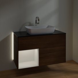 Тумба під раковину Villeroy & Boch Finion 100х50,1 см із підсвічуванням МДФ шпон волоського горіха/скло чорне матове G772GFGN