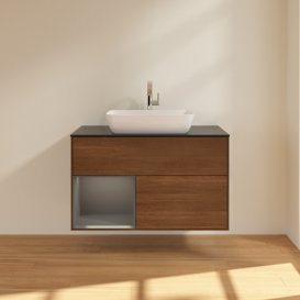 Тумба под раковину Villeroy & Boch Finion 100х50,1 см с подсветкой МДФ шпон грецкого ореха/стекло черное матовое G772GKGN