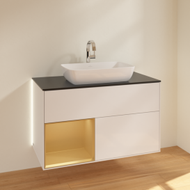 Тумба під раковину Villeroy & Boch Finion 100х50,1 см з підсвіткою МДФ білий глянцевий лак/скло чорне матове G772HFGF