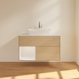 Тумба під раковину Villeroy & Boch Finion 100х50,1 см із підсвічуванням МДФ шпон дуба/скло біле матове G771GFPC