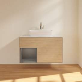 Тумба под раковину Villeroy & Boch Finion 100х50,1 см с подсветкой МДФ шпон дуба/стекло белое матовое G771GKPC