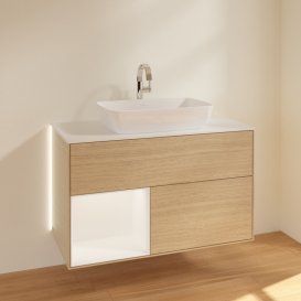 Тумба под раковину Villeroy & Boch Finion 100х50,1 см с подсветкой МДФ шпон дуба/стекло белое матовое G771MTPC