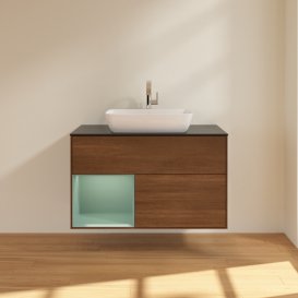 Тумба під раковину Villeroy & Boch Finion 100х50,1 см із підсвічуванням МДФ шпон волоського горіха/скло чорне матове G772GMGN