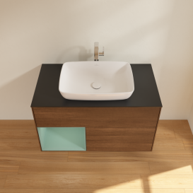 Тумба під раковину Villeroy & Boch Finion 100х50,1 см із підсвічуванням МДФ шпон волоського горіха/скло чорне матове G772GMGN