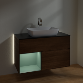 Тумба під раковину Villeroy & Boch Finion 100х50,1 см із підсвічуванням МДФ шпон волоського горіха/скло чорне матове G772GMGN