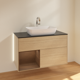 Тумба під раковину Villeroy & Boch Finion 100х50,1 см із підсвічуванням МДФ шпон дуба/скло чорне матове G772GNPC