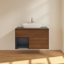 Тумба под раковину Villeroy & Boch Finion 100х50,1 см с подсветкой МДФ шпон грецкого ореха/стекло черное матовое G772HGGN