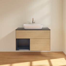 Тумба під раковину Villeroy & Boch Finion 100х50,1 см із підсвічуванням МДФ шпон дуба/скло чорне матове G772HGPC