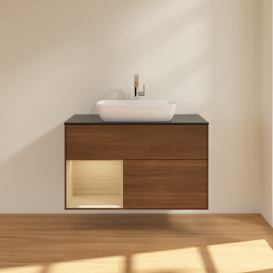 Тумба под раковину Villeroy & Boch Finion 100х50,1 см с подсветкой МДФ шпон грецкого ореха/стекло черное матовое G772PCGN