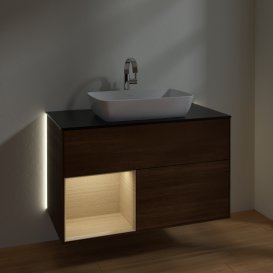 Тумба под раковину Villeroy & Boch Finion 100х50,1 см с подсветкой МДФ шпон грецкого ореха/стекло черное матовое G772PCGN