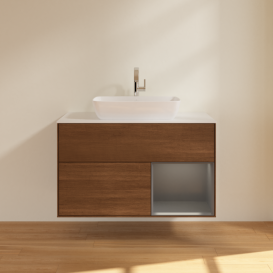 Тумба под раковину Villeroy & Boch Finion 100х50,1 см с подсветкой МДФ шпон грецкого ореха/стекло белое матовое F781GKGN