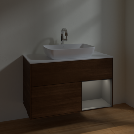 Тумба под раковину Villeroy & Boch Finion 100х50,1 см с подсветкой МДФ шпон грецкого ореха/стекло белое матовое F781GKGN