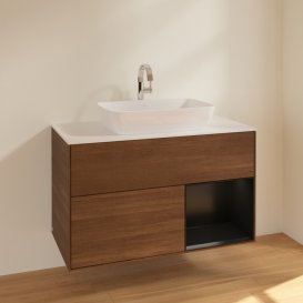 Тумба под раковину Villeroy & Boch Finion 100х50,1 см с подсветкой МДФ шпон грецкого ореха/стекло белое матовое F781PDGN