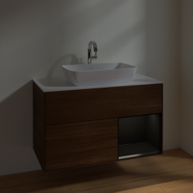 Тумба под раковину Villeroy & Boch Finion 100х50,1 см с подсветкой МДФ шпон грецкого ореха/стекло белое матовое F781PDGN