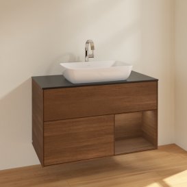 Тумба под раковину Villeroy & Boch Finion 100х50,1 см с подсветкой МДФ шпон грецкого ореха/стекло черное матовое F782GNGN