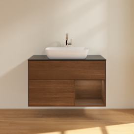 Тумба под раковину Villeroy & Boch Finion 100х50,1 см с подсветкой МДФ шпон грецкого ореха/стекло черное матовое F782GNGN