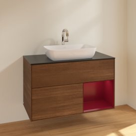 Тумба під раковину Villeroy & Boch Finion 100х50,1 см із підсвічуванням МДФ шпон волоського горіха/скло чорне матове F782HBGN