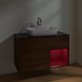 Тумба під раковину Villeroy & Boch Finion 100х50,1 см із підсвічуванням МДФ шпон волоського горіха/скло чорне матове F782HBGN