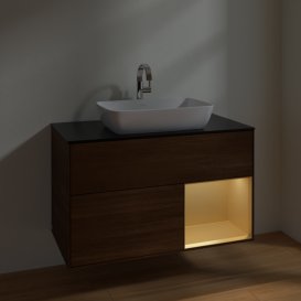 Тумба под раковину Villeroy & Boch Finion 100х50,1 см с подсветкой МДФ шпон грецкого ореха/стекло черное матовое F782HFGN