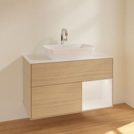 Тумба під раковину Villeroy & Boch Finion 100х50,1 см із підсвічуванням МДФ шпон дуба/скло біле матове F781GFPC